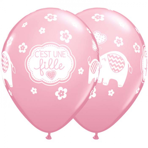 50 Ballons C’est Une Fille Elephants Pink 28 cm