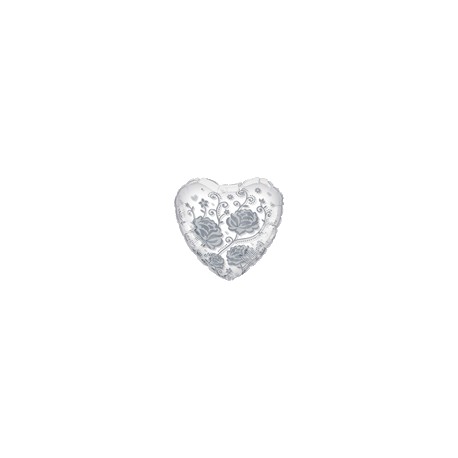 ballon cristal mylar forme coeur avec rose argent 60 cm de diamètre